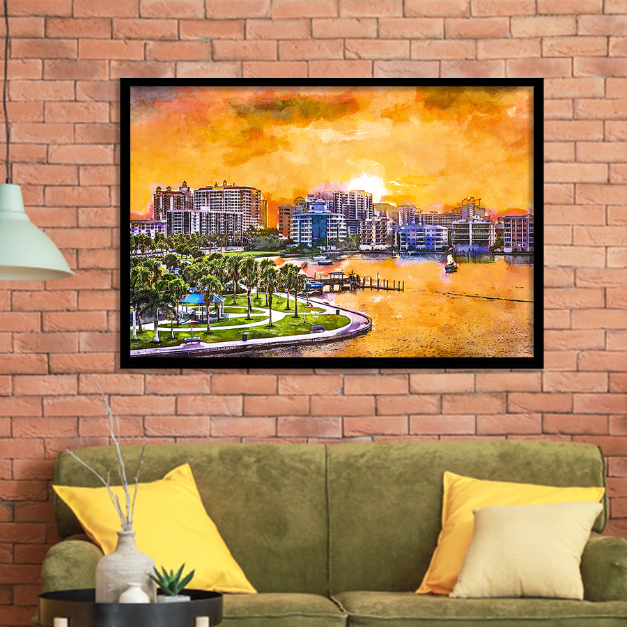 Sarasota Florida Usa Downtown Skyline On City Art Watercolor Framed Art Prints Wall Art Decor,Framed Picture
