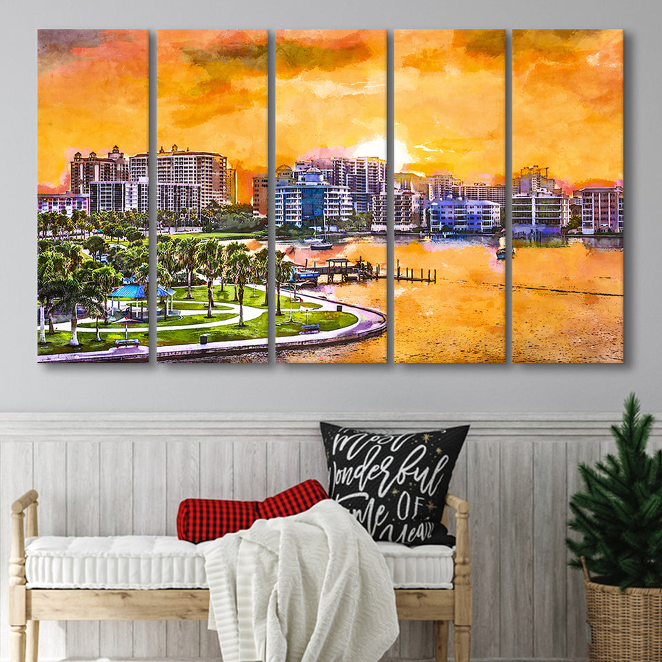 Sarasota Florida Usa Downtown Skyline On 5 Pieces Extra Large Canvas Prints Wall Art Home Decor