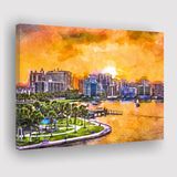 Sarasota Florida Usa Downtown Skyline On City Art Watercolor Canvas Prints Wall Art Home Decor, Large Canvas
