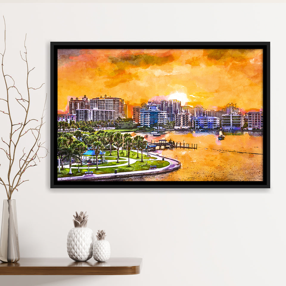 Sarasota Florida Usa Downtown Skyline On City Art Watercolor Framed Canvas Prints Wall Art Home Decor,Floating Frame