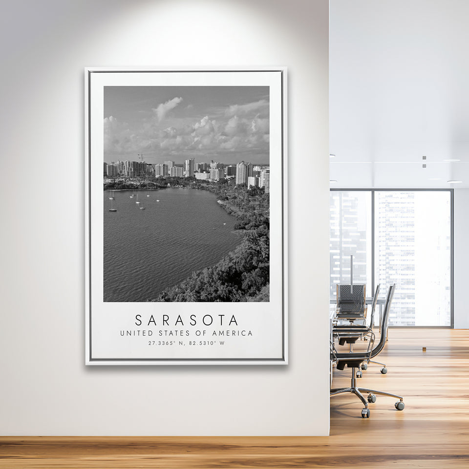 Sarasota Usa Black And White Art Framed Canvas Prints Wall Art Home Decor, Floating Frame
