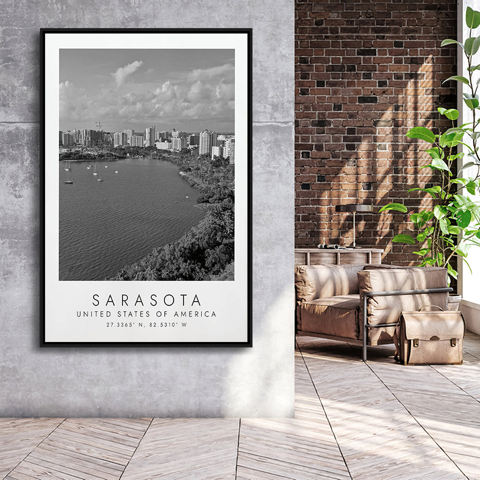 Sarasota Usa Black And White Art Framed Canvas Prints Wall Art Home Decor, Floating Frame