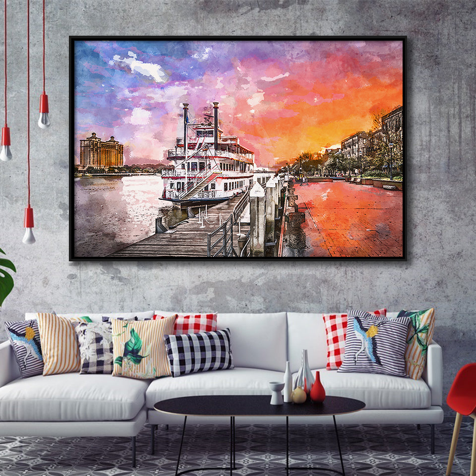 Savannah Georgia Usa Riverfront Promenade Sunrise City Art Watercolor Framed Canvas Prints Wall Art Home Decor,Floating Frame