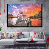 Savannah Georgia Usa Riverfront Promenade Sunrise City Art Watercolor Framed Canvas Prints Wall Art Home Decor,Floating Frame