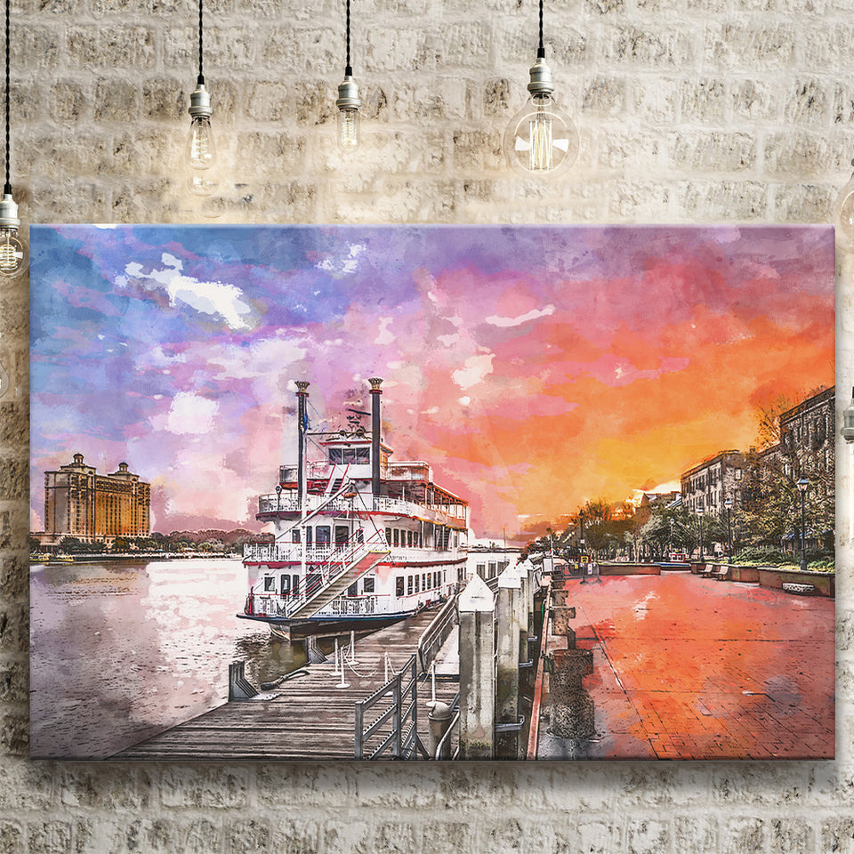Savannah Georgia Usa Riverfront Promenade Sunrise City Art Watercolor Canvas Prints Wall Art Home Decor, Large Canvas