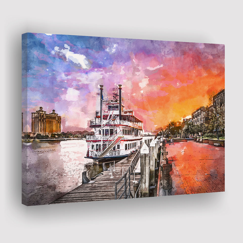 Savannah Georgia Usa Riverfront Promenade Sunrise City Art Watercolor Canvas Prints Wall Art Home Decor, Large Canvas