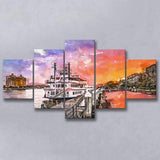 Savannah Georgia Usa Riverfront Promenade Sunrise 5 Pieces Mixed Canvas Prints Wall Art Home Decor