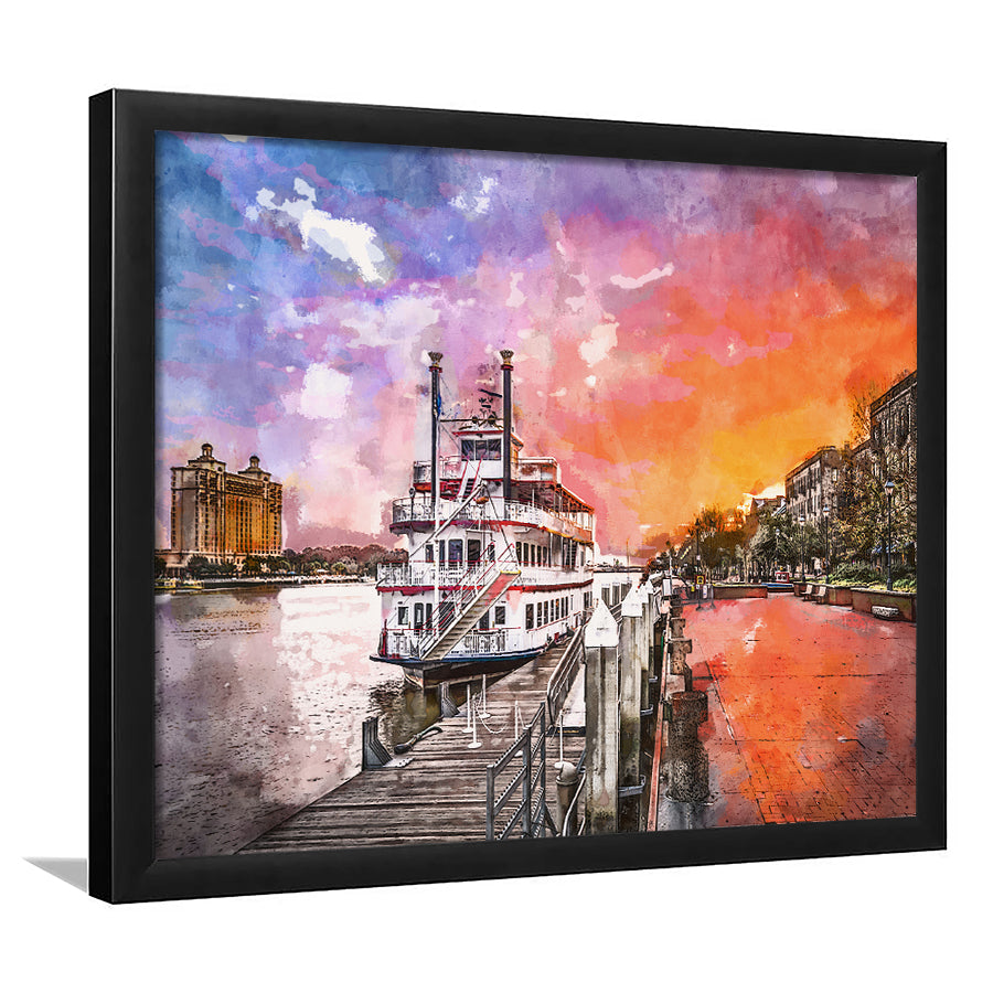 Savannah Georgia Usa Riverfront Promenade Sunrise City Art Watercolor Framed Art Prints Wall Art Decor,Framed Picture