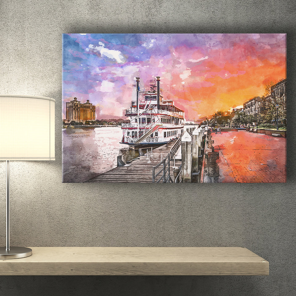 Savannah Georgia Usa Riverfront Promenade Sunrise City Art Watercolor Canvas Prints Wall Art Home Decor, Large Canvas