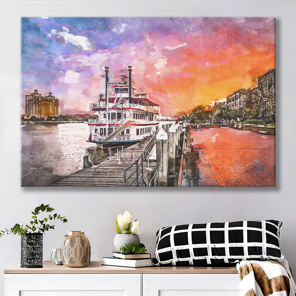 Savannah Georgia Usa Riverfront Promenade Sunrise City Art Watercolor Canvas Prints Wall Art Home Decor, Large Canvas
