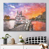 Savannah Georgia Usa Riverfront Promenade Sunrise City Art Watercolor Canvas Prints Wall Art Home Decor, Large Canvas