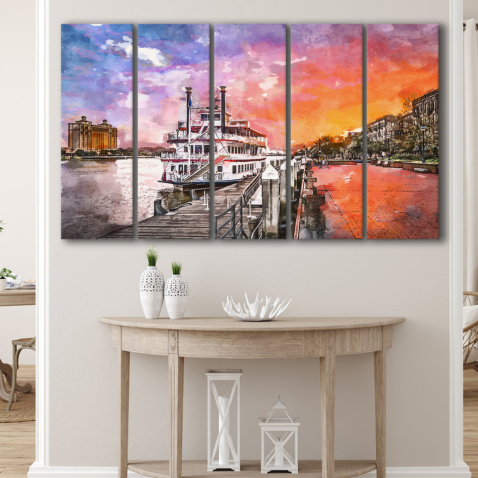 Savannah Georgia Usa Riverfront Promenade Sunrise 5 Pieces Extra Large Canvas Prints Wall Art Home Decor