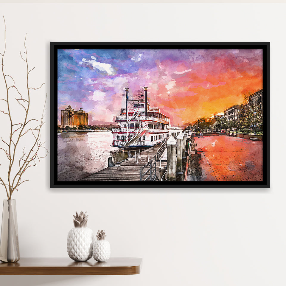 Savannah Georgia Usa Riverfront Promenade Sunrise City Art Watercolor Framed Canvas Prints Wall Art Home Decor,Floating Frame