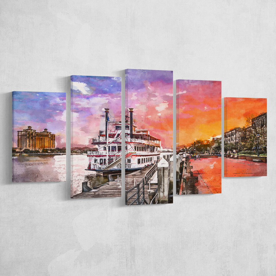 Savannah Georgia Usa Riverfront Promenade Sunrise 5 Pieces Mixed Canvas Prints Wall Art Home Decor