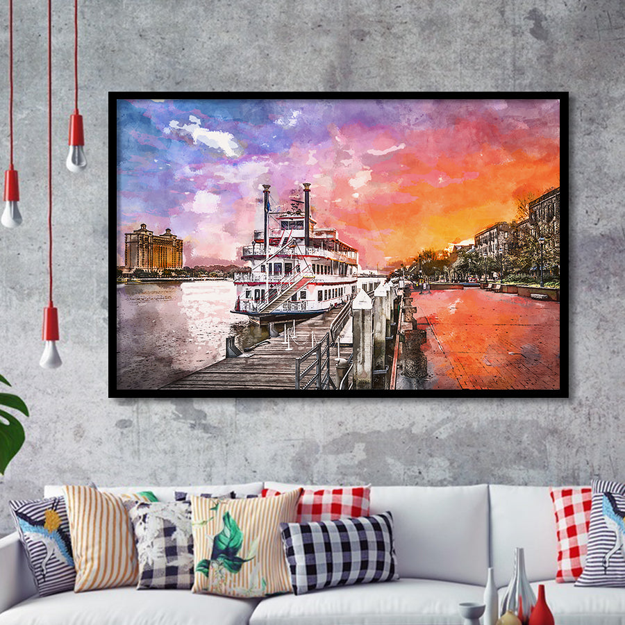 Savannah Georgia Usa Riverfront Promenade Sunrise City Art Watercolor Framed Art Prints Wall Art Decor,Framed Picture