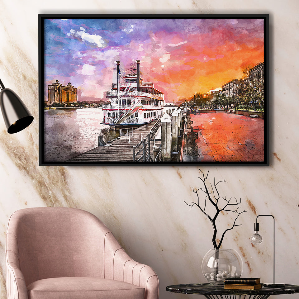 Savannah Georgia Usa Riverfront Promenade Sunrise City Art Watercolor Framed Canvas Prints Wall Art Home Decor,Floating Frame