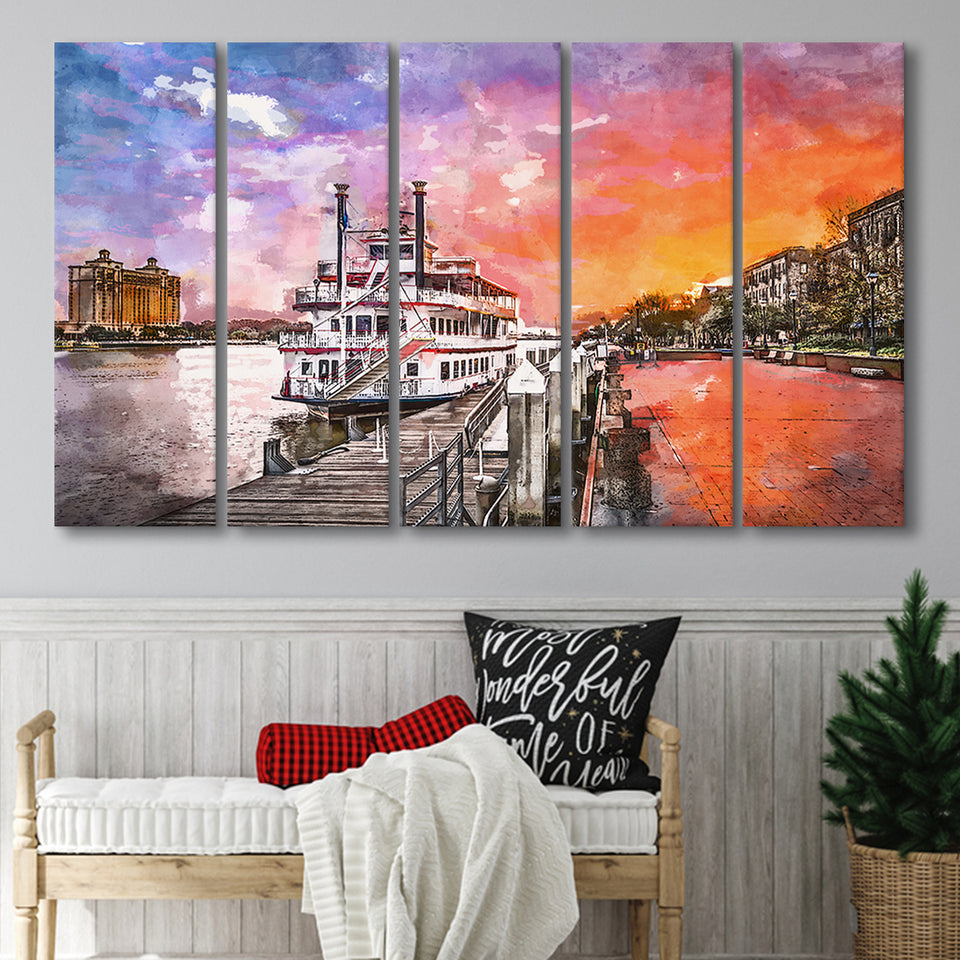 Savannah Georgia Usa Riverfront Promenade Sunrise 5 Pieces Extra Large Canvas Prints Wall Art Home Decor