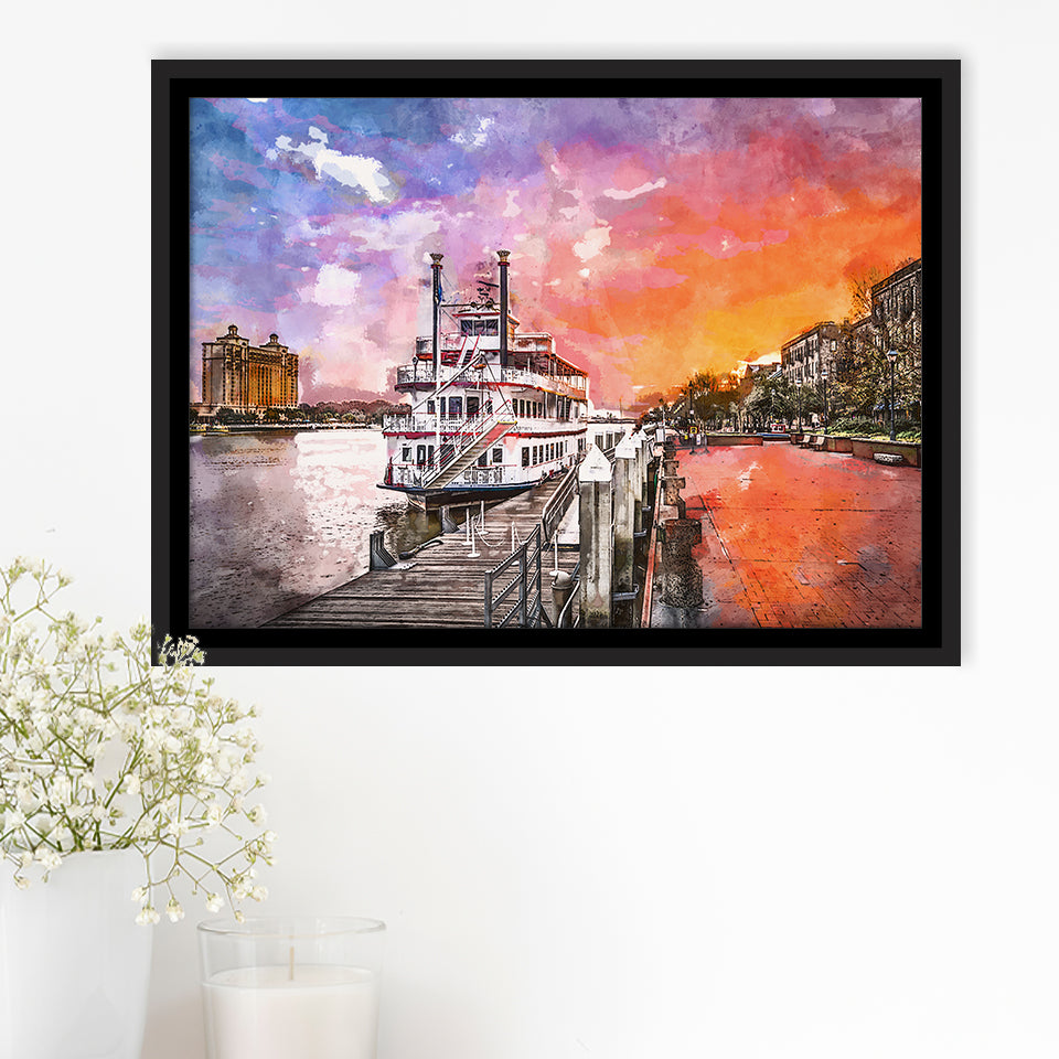 Savannah Georgia Usa Riverfront Promenade Sunrise City Art Watercolor Framed Canvas Prints Wall Art Home Decor,Floating Frame