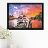 Savannah Georgia Usa Riverfront Promenade Sunrise City Art Watercolor Framed Canvas Prints Wall Art Home Decor,Floating Frame