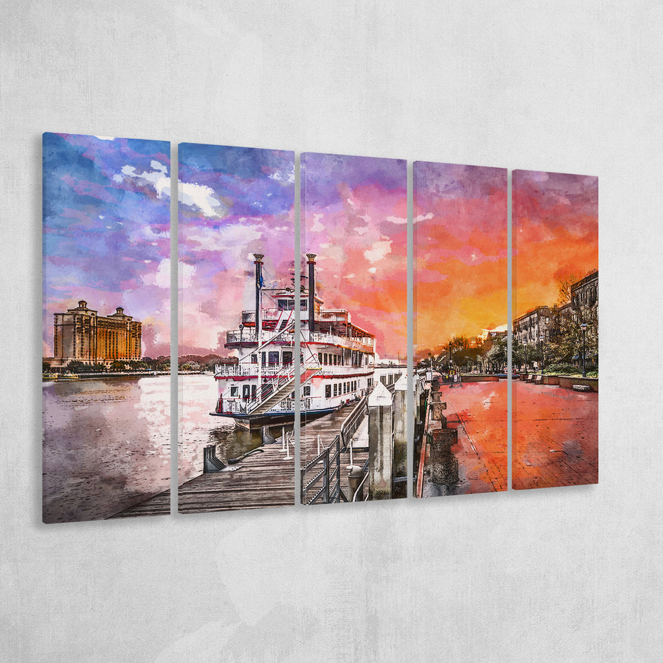 Savannah Georgia Usa Riverfront Promenade Sunrise 5 Pieces Extra Large Canvas Prints Wall Art Home Decor
