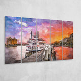 Savannah Georgia Usa Riverfront Promenade Sunrise 5 Pieces Extra Large Canvas Prints Wall Art Home Decor
