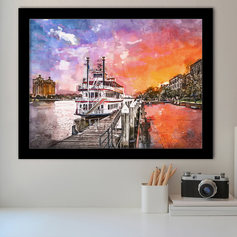 Savannah Georgia Usa Riverfront Promenade Sunrise City Art Watercolor Framed Art Prints Wall Art Decor,Framed Picture