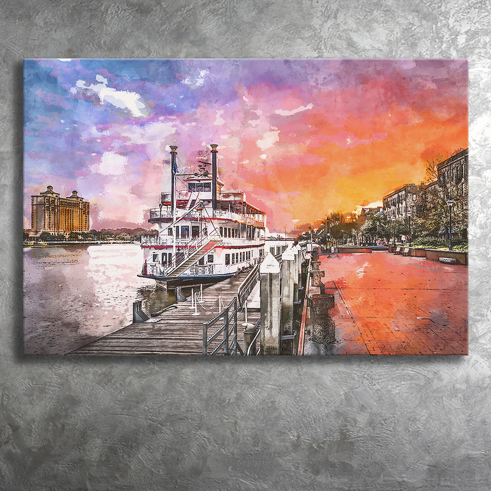 Savannah Georgia Usa Riverfront Promenade Sunrise City Art Watercolor Canvas Prints Wall Art Home Decor, Large Canvas