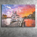 Savannah Georgia Usa Riverfront Promenade Sunrise City Art Watercolor Canvas Prints Wall Art Home Decor, Large Canvas