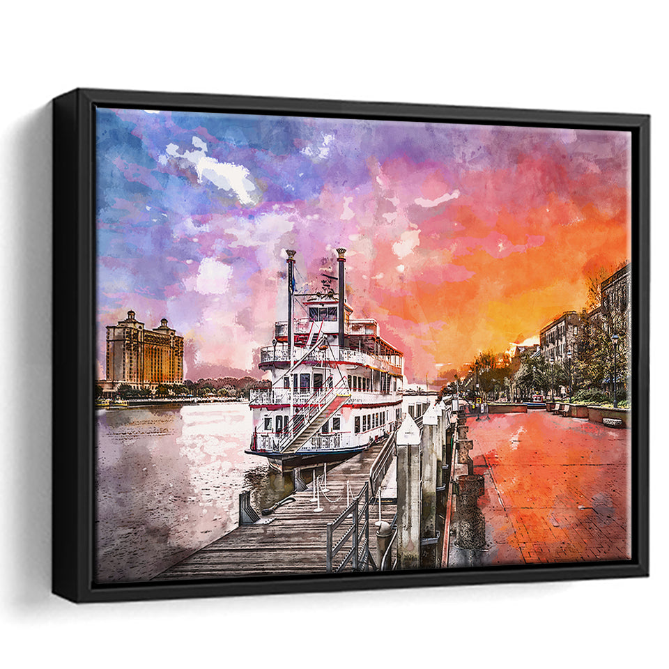 Savannah Georgia Usa Riverfront Promenade Sunrise City Art Watercolor Framed Canvas Prints Wall Art Home Decor,Floating Frame
