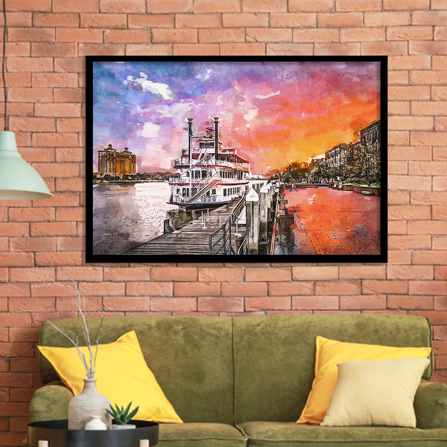 Savannah Georgia Usa Riverfront Promenade Sunrise City Art Watercolor Framed Art Prints Wall Art Decor,Framed Picture