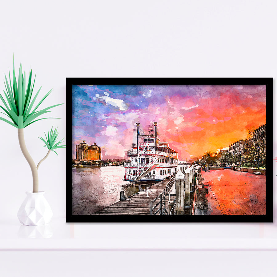 Savannah Georgia Usa Riverfront Promenade Sunrise City Art Watercolor Framed Art Prints Wall Art Decor,Framed Picture