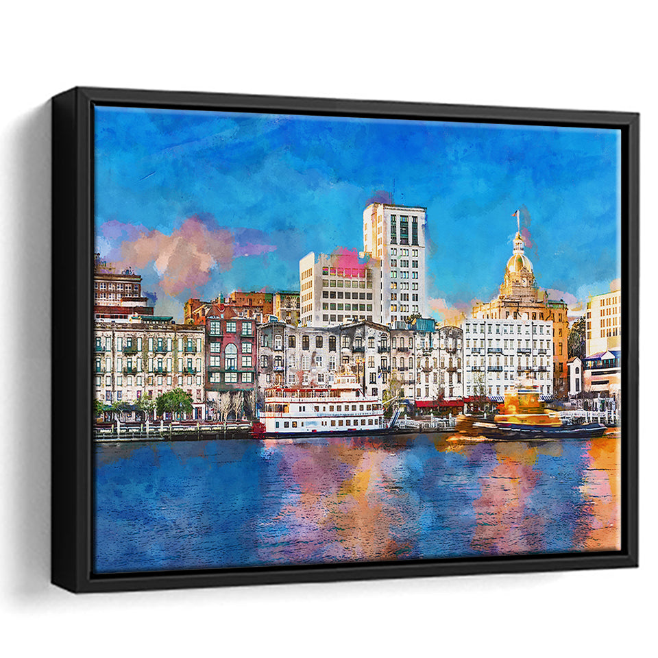 Savannah Georgia Usa Riverfront Skyline City Art Watercolor Framed Canvas Prints Wall Art Home Decor,Floating Frame