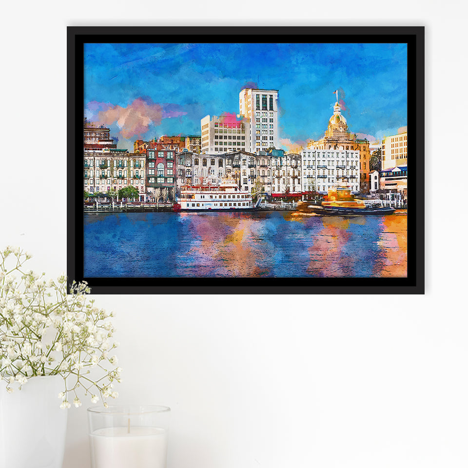 Savannah Georgia Usa Riverfront Skyline City Art Watercolor Framed Canvas Prints Wall Art Home Decor,Floating Frame
