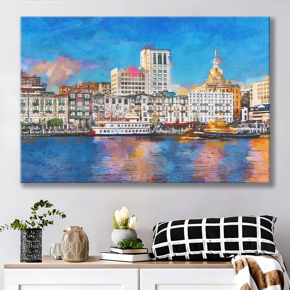 Savannah Georgia Usa Riverfront Skyline City Art Watercolor Canvas Prints Wall Art Home Decor, Large Canvas