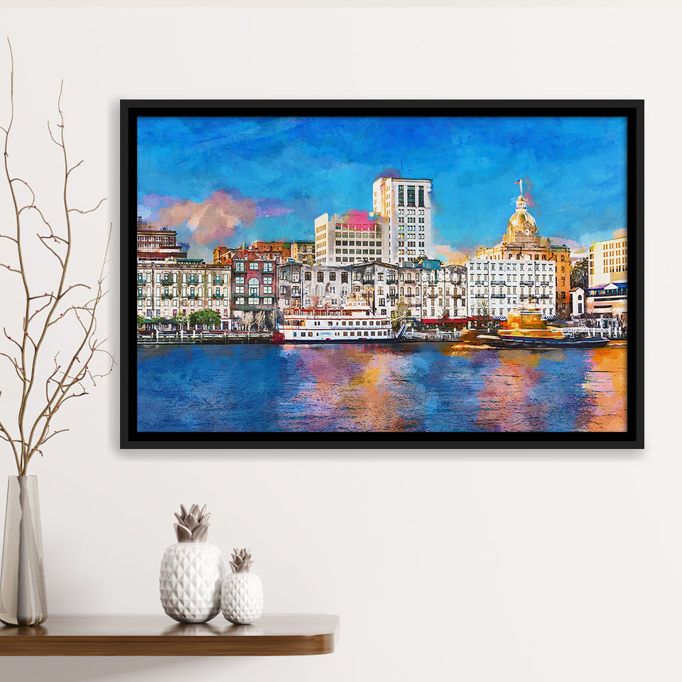 Savannah Georgia Usa Riverfront Skyline City Art Watercolor Framed Canvas Prints Wall Art Home Decor,Floating Frame