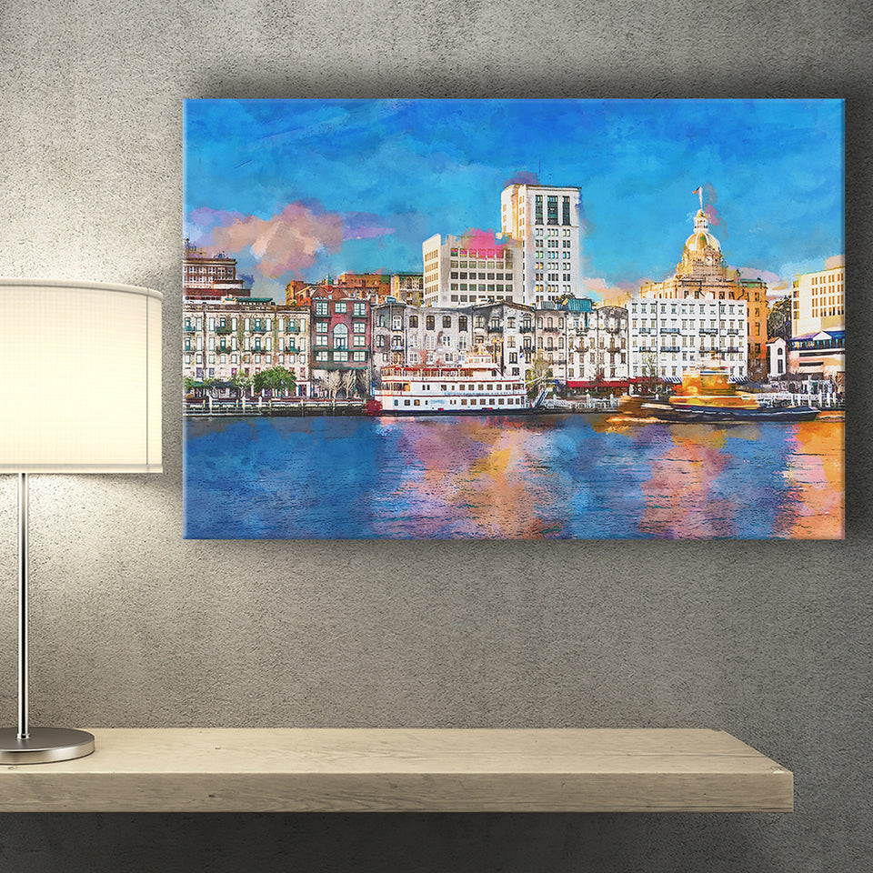 Savannah Georgia Usa Riverfront Skyline City Art Watercolor Canvas Prints Wall Art Home Decor, Large Canvas