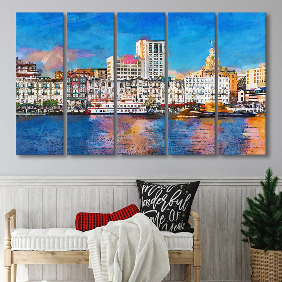 Savannah Georgia Usa Riverfront Skyline 5 Pieces Extra Large Canvas Prints Wall Art Home Decor