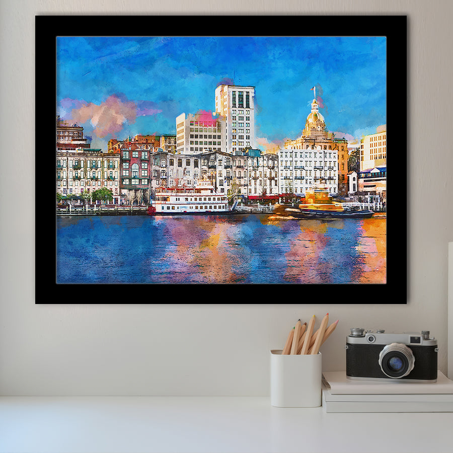Savannah Georgia Usa Riverfront Skyline City Art Watercolor Framed Art Prints Wall Art Decor,Framed Picture