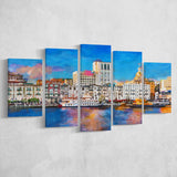 Savannah Georgia Usa Riverfront Skyline 5 Pieces Mixed Canvas Prints Wall Art Home Decor