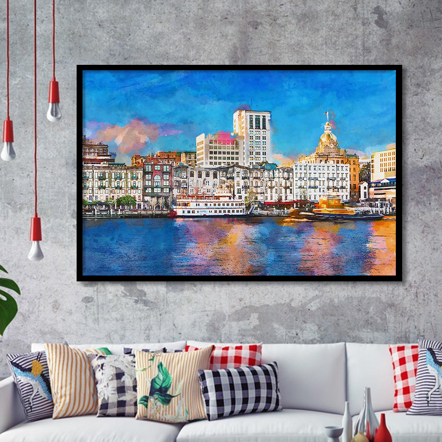 Savannah Georgia Usa Riverfront Skyline City Art Watercolor Framed Art Prints Wall Art Decor,Framed Picture
