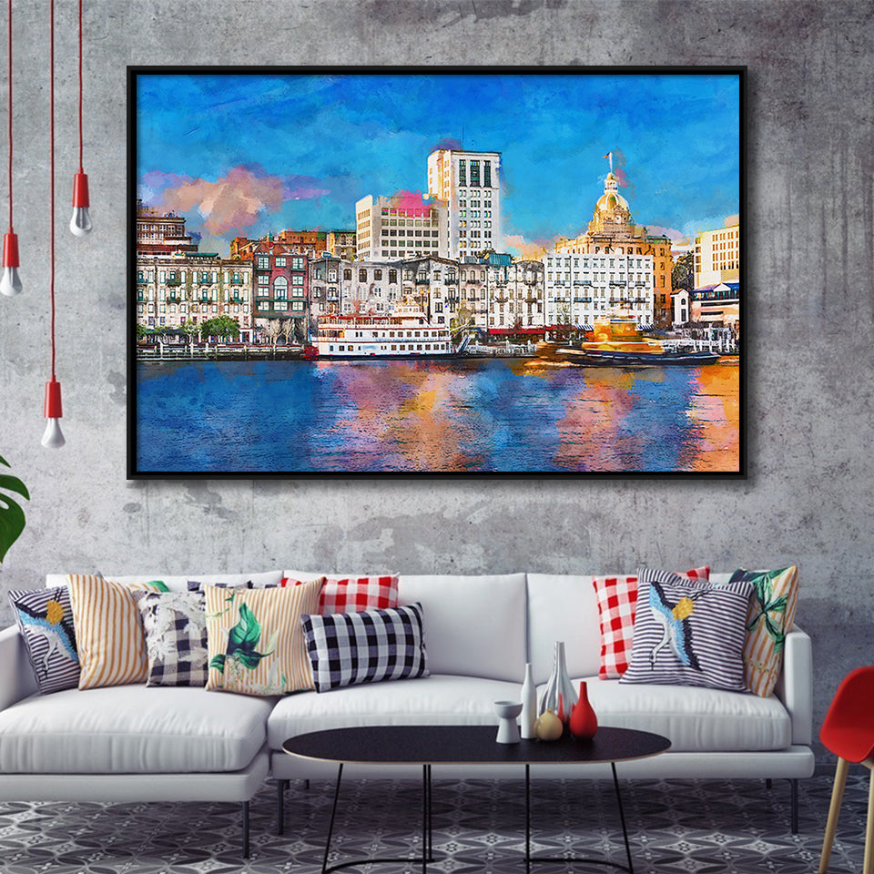 Savannah Georgia Usa Riverfront Skyline City Art Watercolor Framed Canvas Prints Wall Art Home Decor,Floating Frame