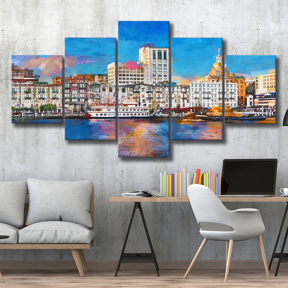Savannah Georgia Usa Riverfront Skyline 5 Pieces Mixed Canvas Prints Wall Art Home Decor