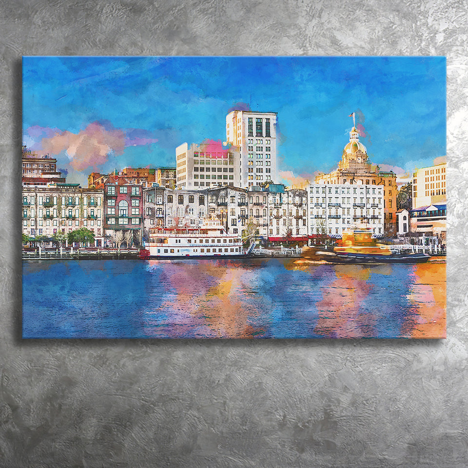 Savannah Georgia Usa Riverfront Skyline City Art Watercolor Canvas Prints Wall Art Home Decor, Large Canvas