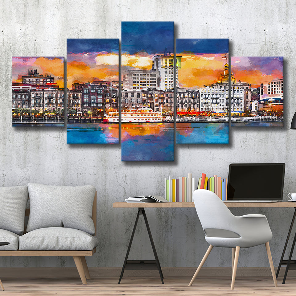Savannah Georgia Usa Skyline On River 5 Pieces Mixed Canvas Prints Wall Art Home Decor