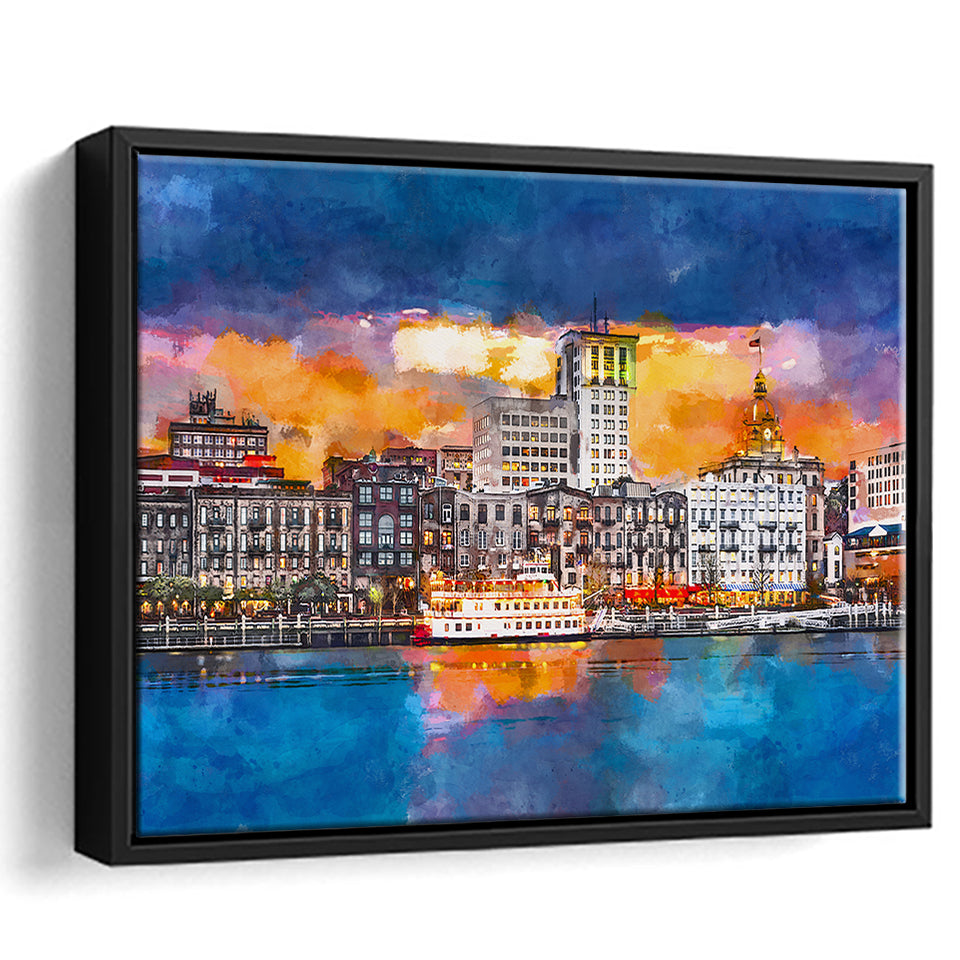 Savannah Georgia Usa Skyline On River City Art Watercolor Framed Canvas Prints Wall Art Home Decor,Floating Frame