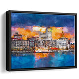 Savannah Georgia Usa Skyline On River City Art Watercolor Framed Canvas Prints Wall Art Home Decor,Floating Frame