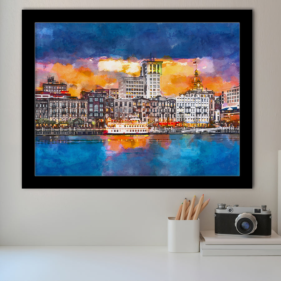 Savannah Georgia Usa Skyline On River City Art Watercolor Framed Art Prints Wall Art Decor,Framed Picture