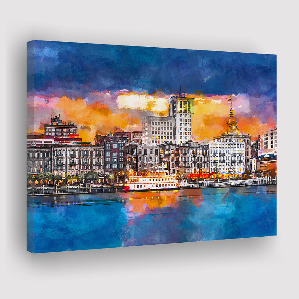 Savannah Georgia Usa Skyline On River City Art Watercolor Canvas Prints Wall Art Home Decor, Large Canvas