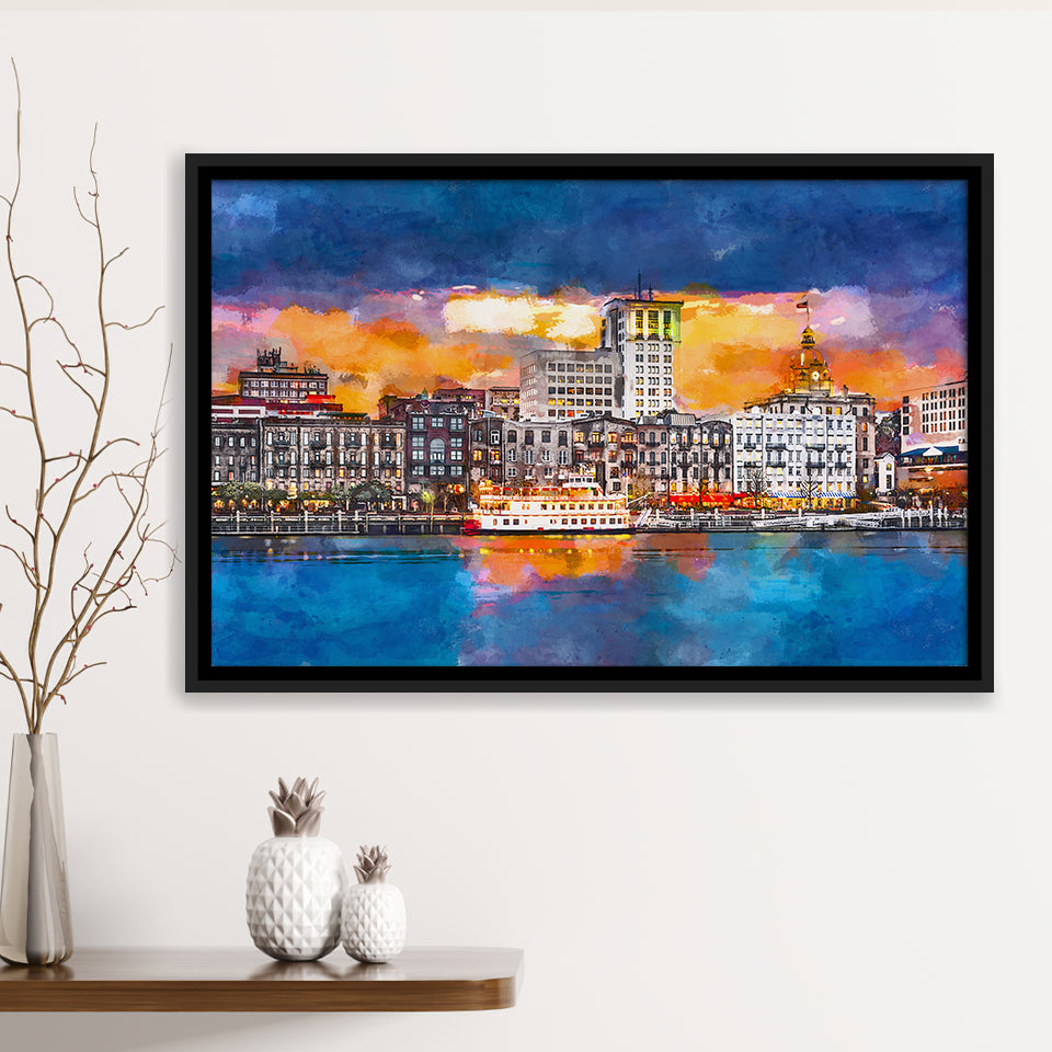 Savannah Georgia Usa Skyline On River City Art Watercolor Framed Canvas Prints Wall Art Home Decor,Floating Frame