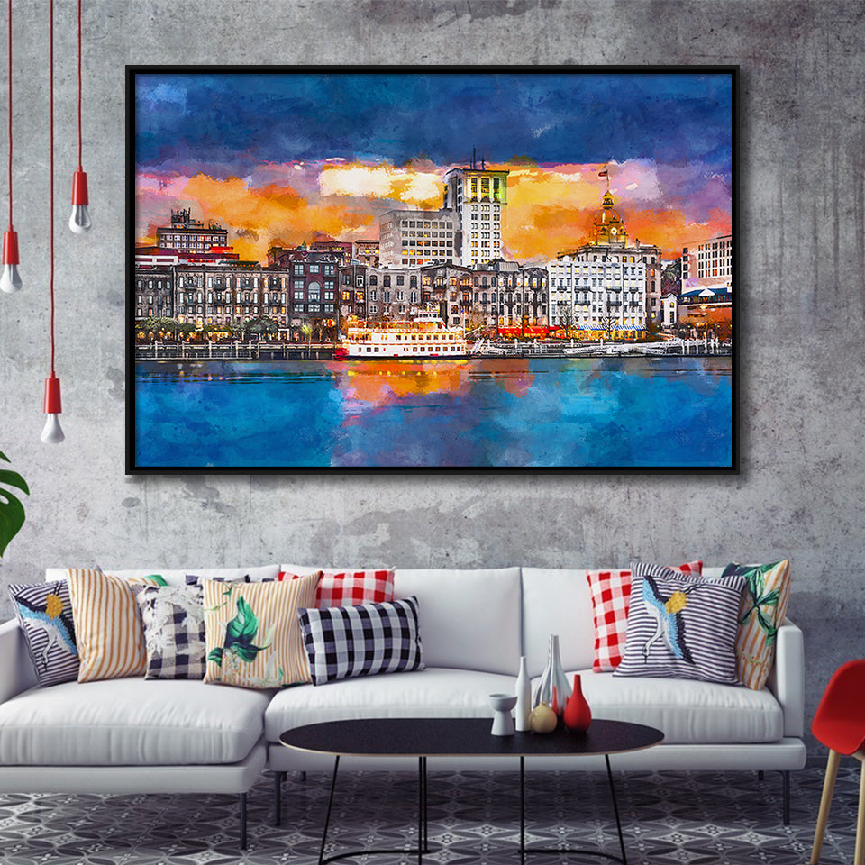Savannah Georgia Usa Skyline On River City Art Watercolor Framed Canvas Prints Wall Art Home Decor,Floating Frame